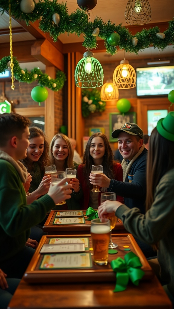 A group of friends celebrating St. Patrick's Day with drinks and laughter.