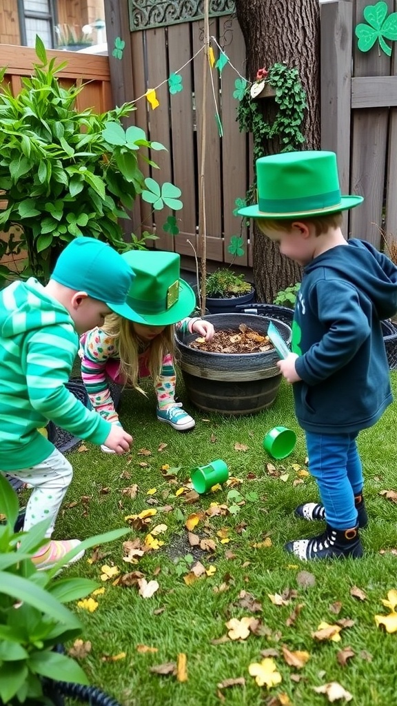 Children searching for treasure during a St. Patrick's Day themed hunt.