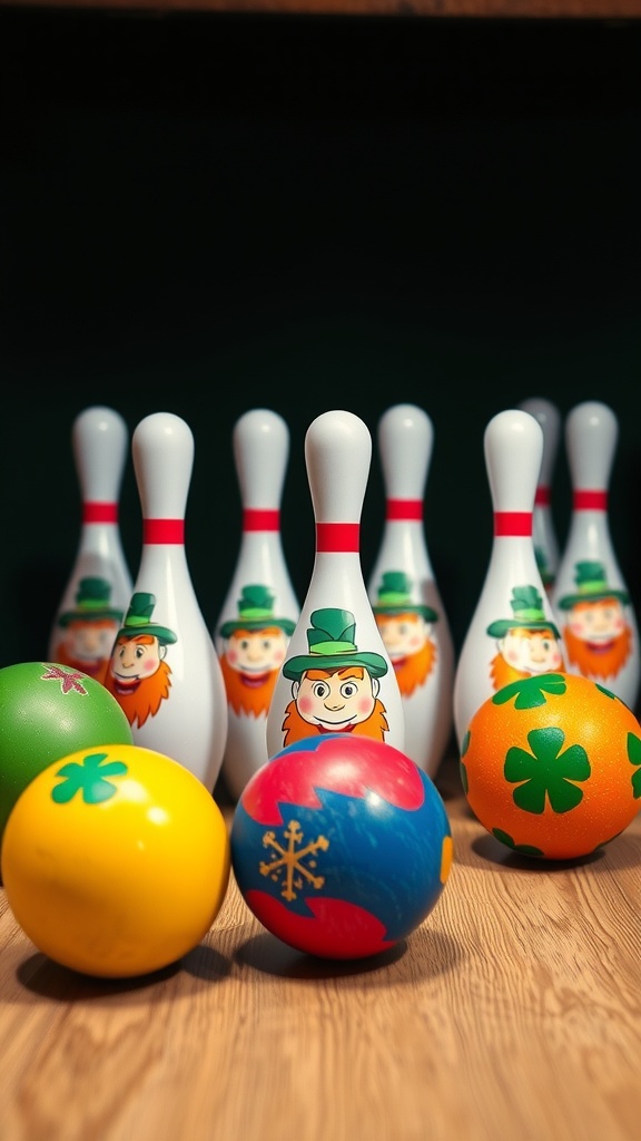 Leprechaun-themed bowling setup with colorful balls and pins.