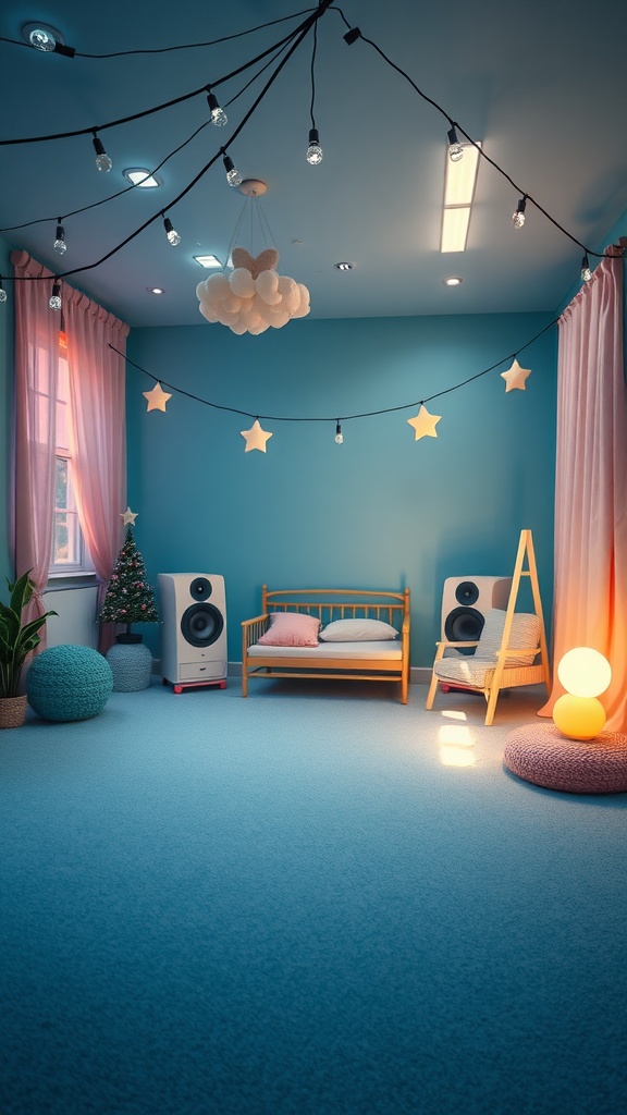 Cozy room with soft lighting and decor, perfect for a baby shower.