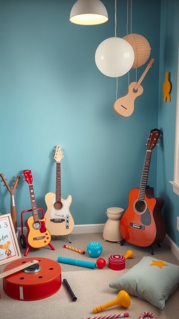 A colorful corner filled with musical instruments for a baby boy baby shower