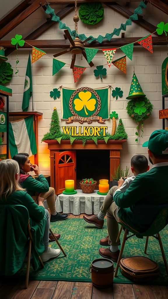 A cozy St. Patrick's Day gathering with people sitting together in a decorated setting.