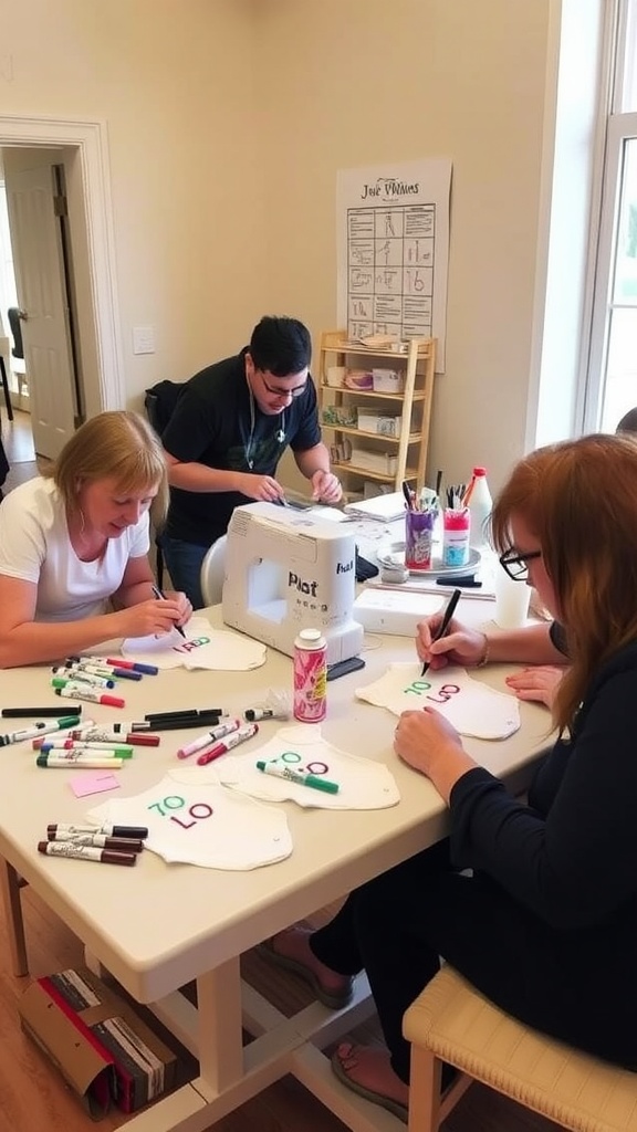Guests creating personalized baby onesies at a baby shower