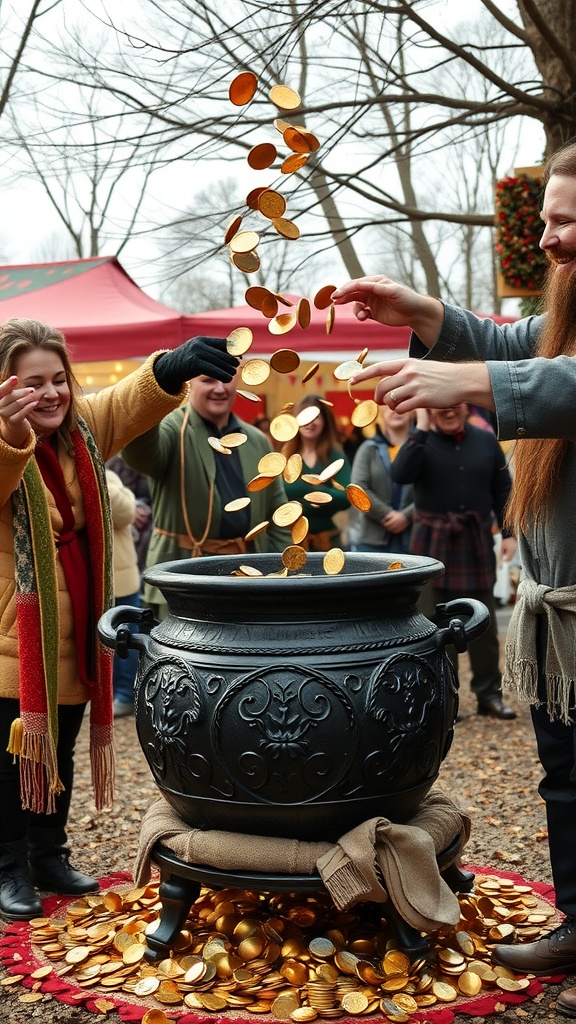 People tossing gold coins into a pot during a St. Patrick's Day game.