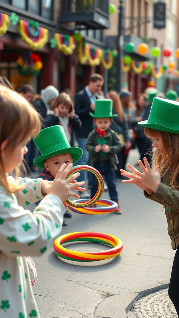 A group of children playing Rainbow Ring Toss during a St. Patrick's Day celebration.