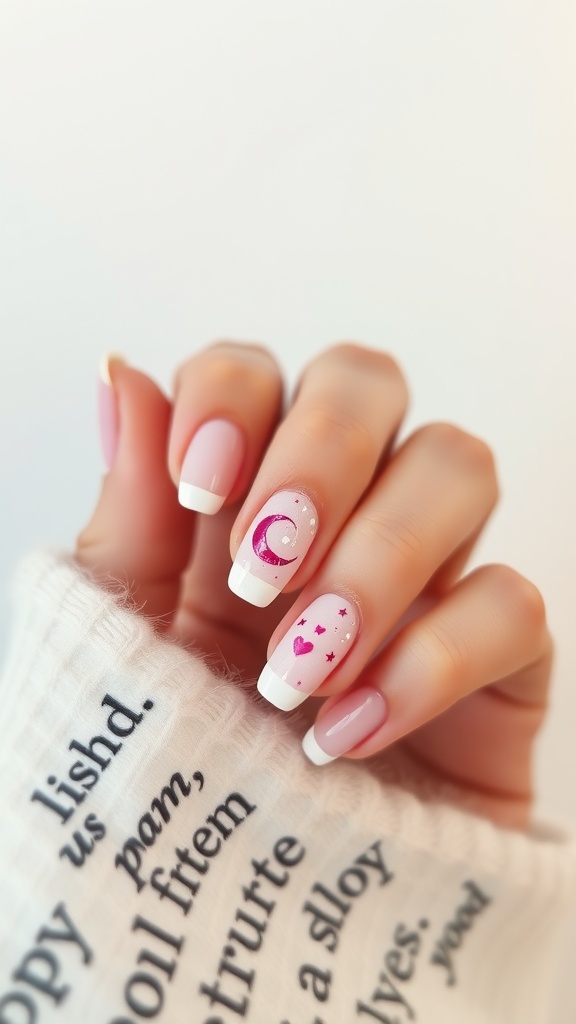 Close up of short romantic moon and stars nail design.