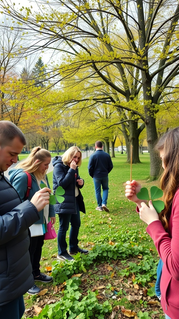 People participating in a scavenger hunt, searching for shamrocks in a park