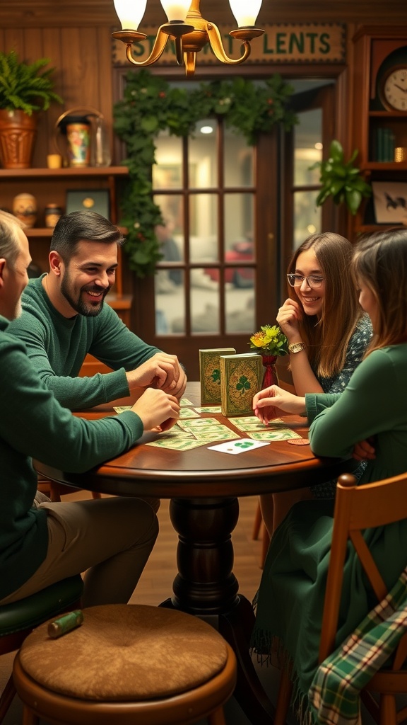 Group of friends playing a card game at a table decorated for St. Patrick's Day.