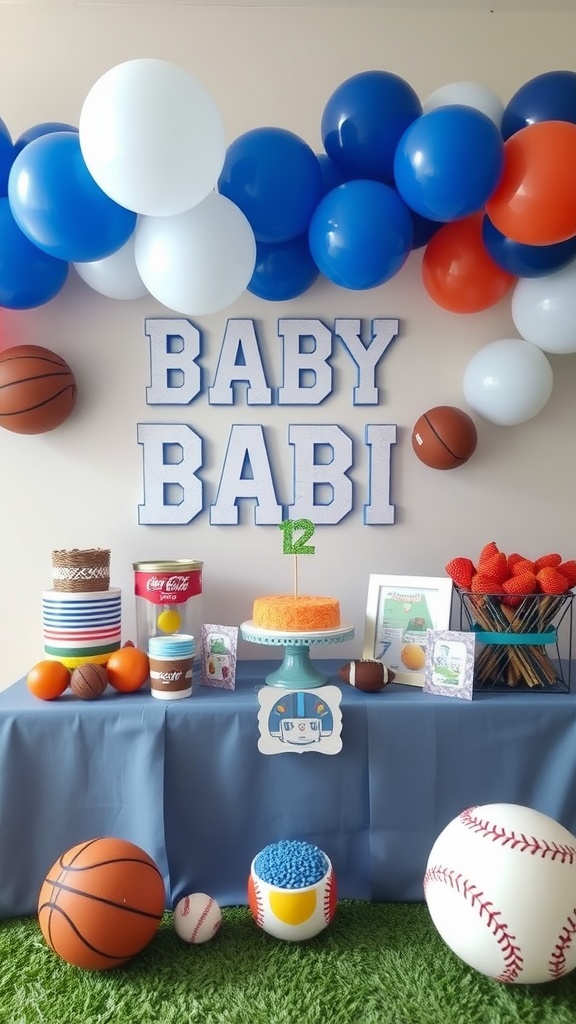 A sports-themed baby boy baby shower setup with colorful balloons, a cake, and sports decorations.