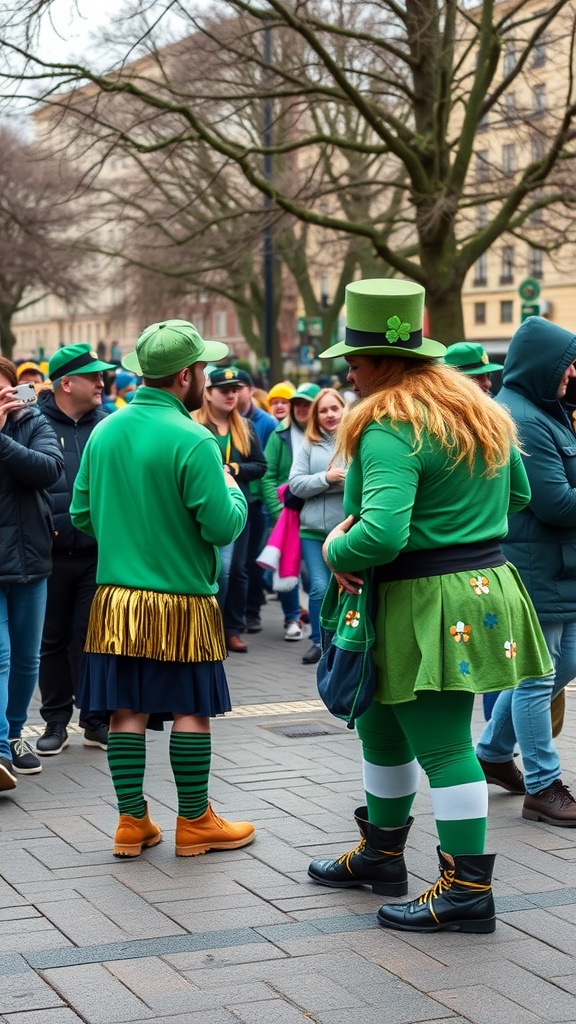 People in festive green costumes celebrating St. Patrick's Day.