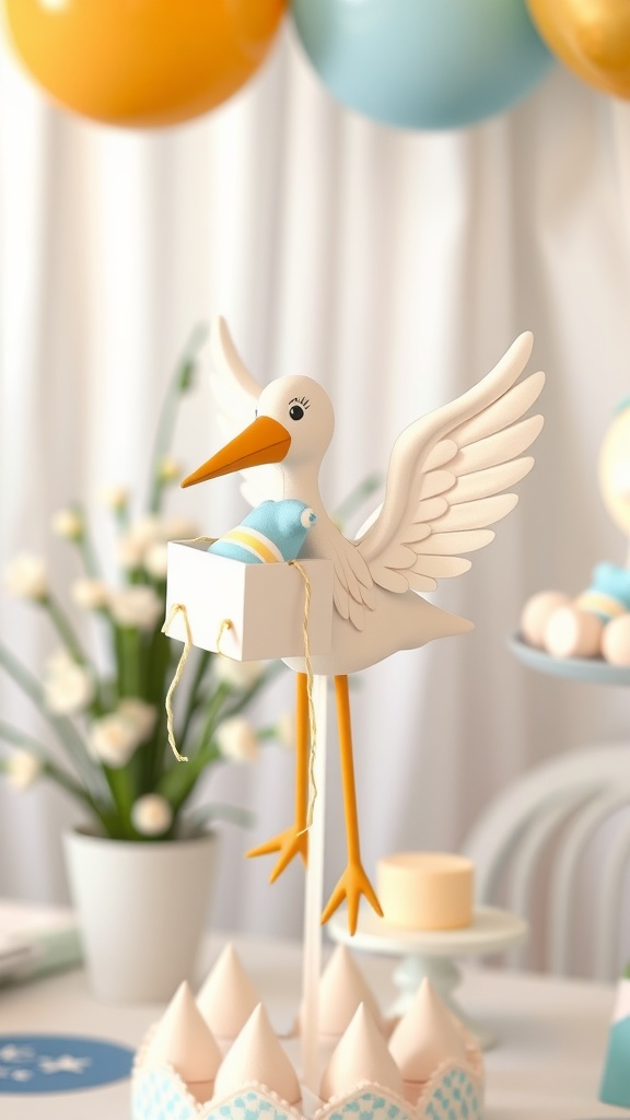 A stork figurine holding a baby boy outfit, with letters spelling 'BABY' in a decorated setting.