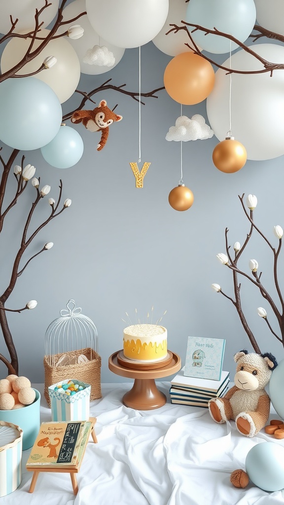 A baby boy baby shower setup featuring balloons, a cake, storybooks, and plush toys.