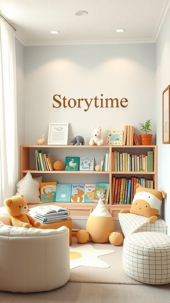 A cozy storytime corner with seating, colorful children's books on a shelf, and plush toys.