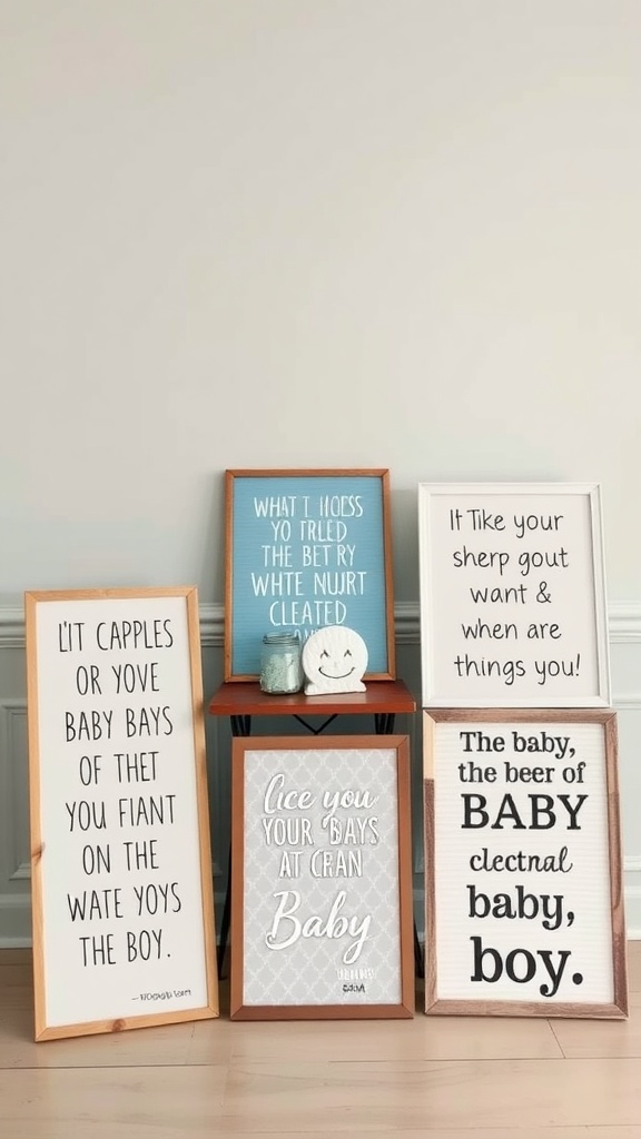 A collection of framed quotes for a baby boy baby shower decoration.