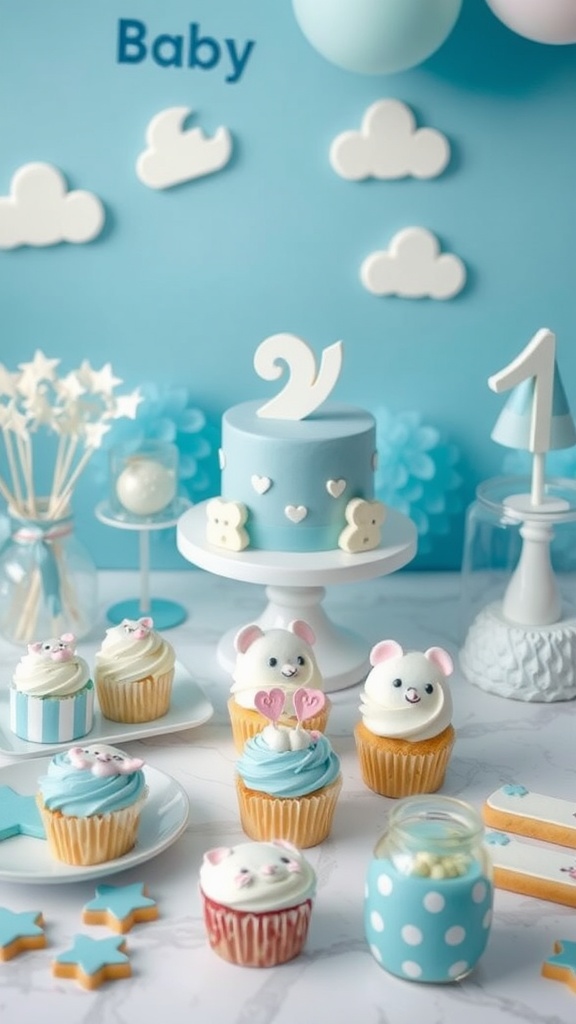 A dessert table featuring a blue cake, cupcakes, and cookies, all themed for a baby boy baby shower.
