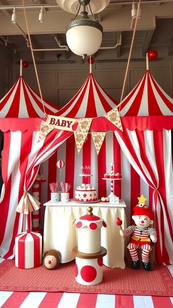 A vintage circus themed baby shower decoration featuring red and white striped tents, a decorated table with treats, and a clown figure.