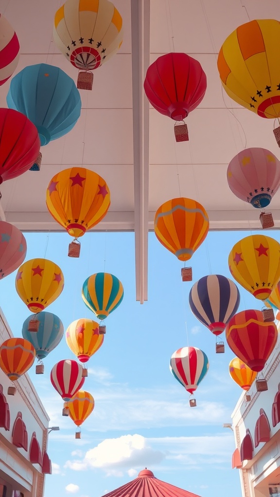 Colorful hot air balloons hanging from the ceiling, creating a whimsical atmosphere.