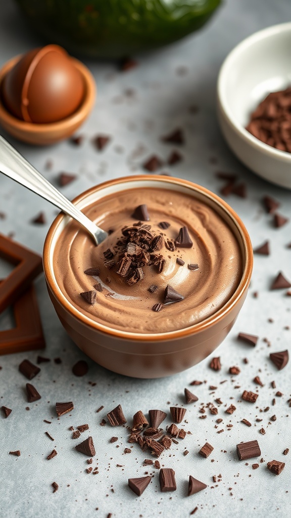 A rich and creamy avocado chocolate mousse topped with chocolate shavings.