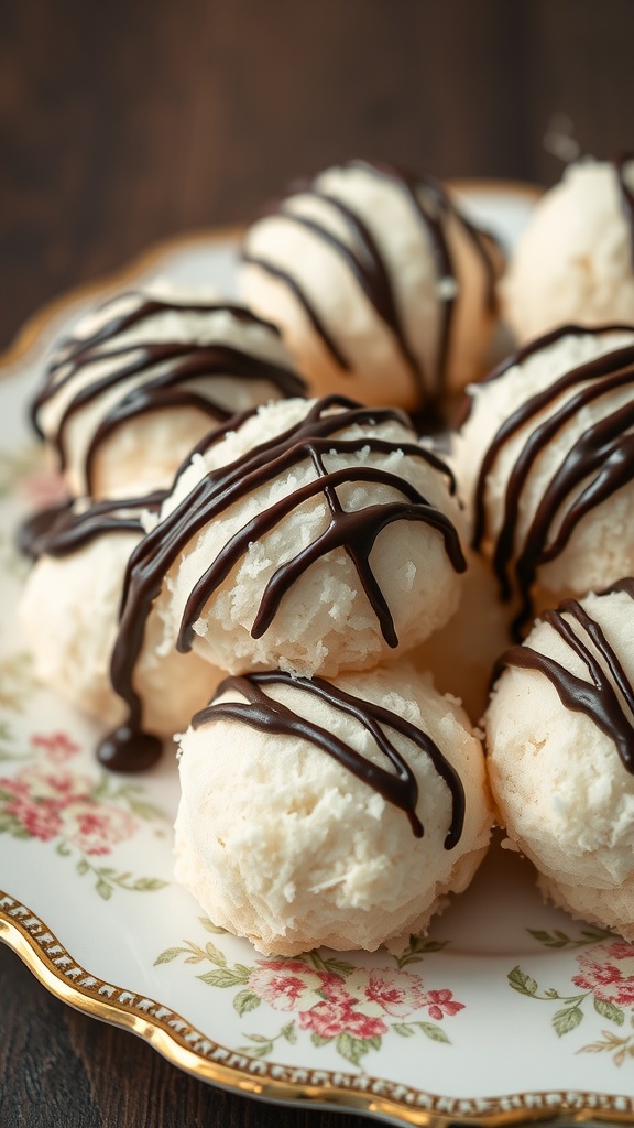 Coconut macaroons with dark chocolate drizzle on a decorative plate.