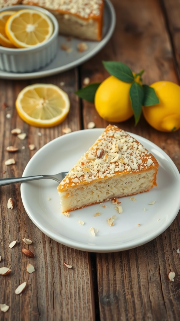 A slice of lemon almond flour cake on a white plate, garnished with almonds.