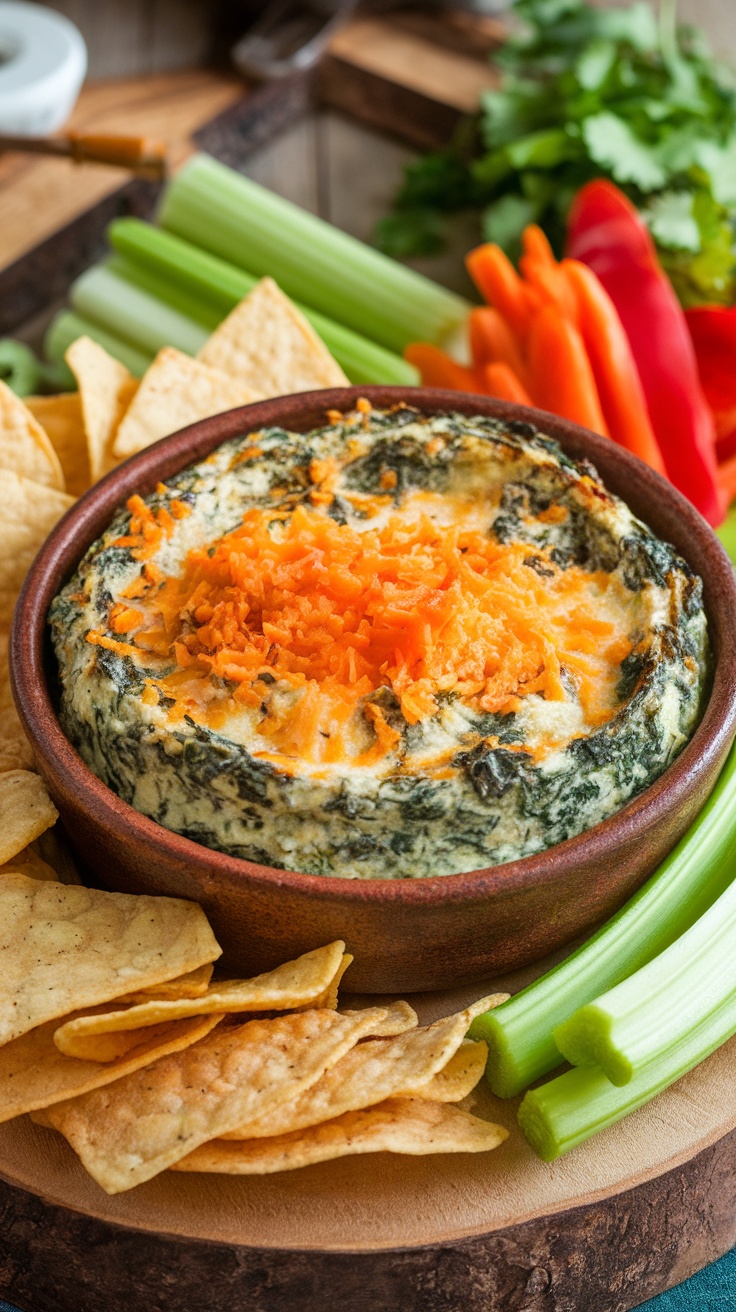 A warm cheesy spinach and artichoke dip served in a bowl with tortilla chips and fresh veggies around it.