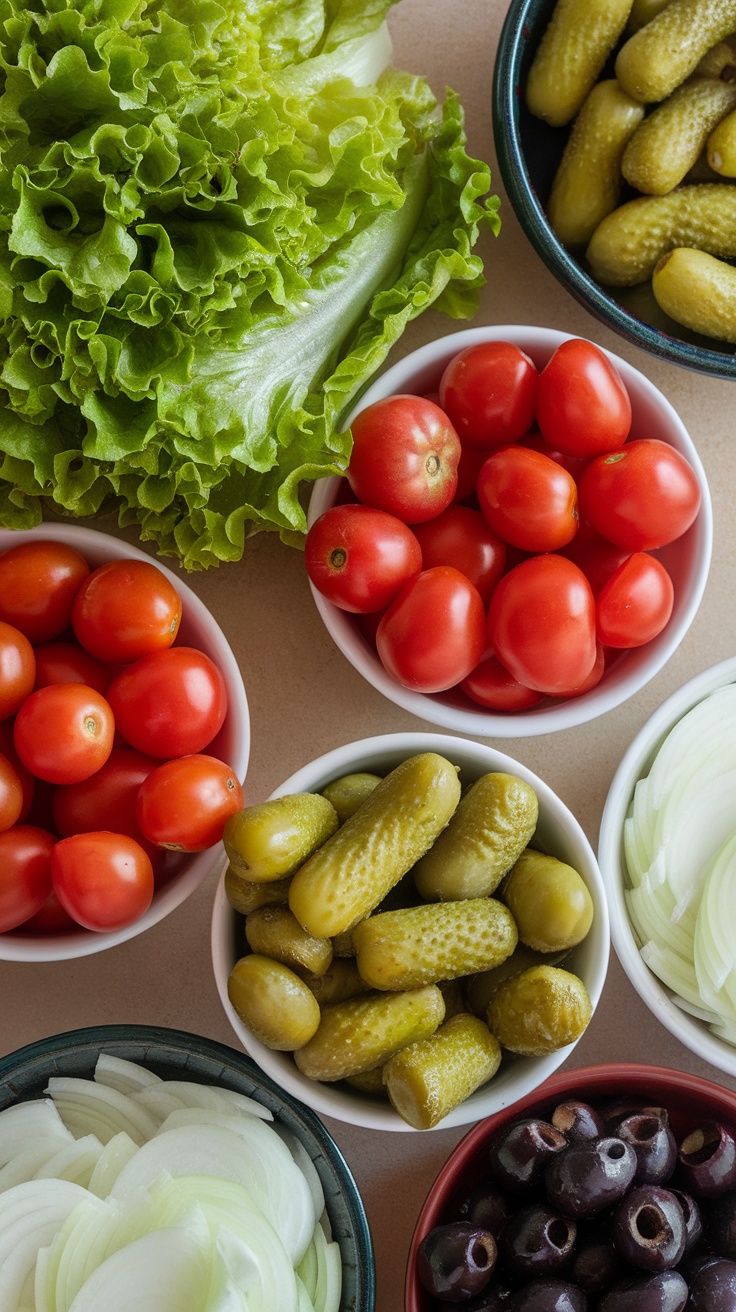 A toppings bar featuring lettuce, tomatoes, pickles, and olives for sliders.