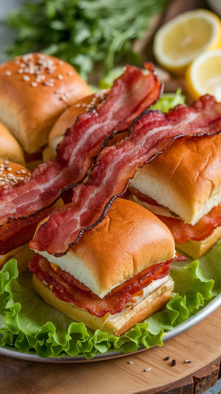 Close-up of cheeseburger game day sliders topped with crispy bacon on a platter