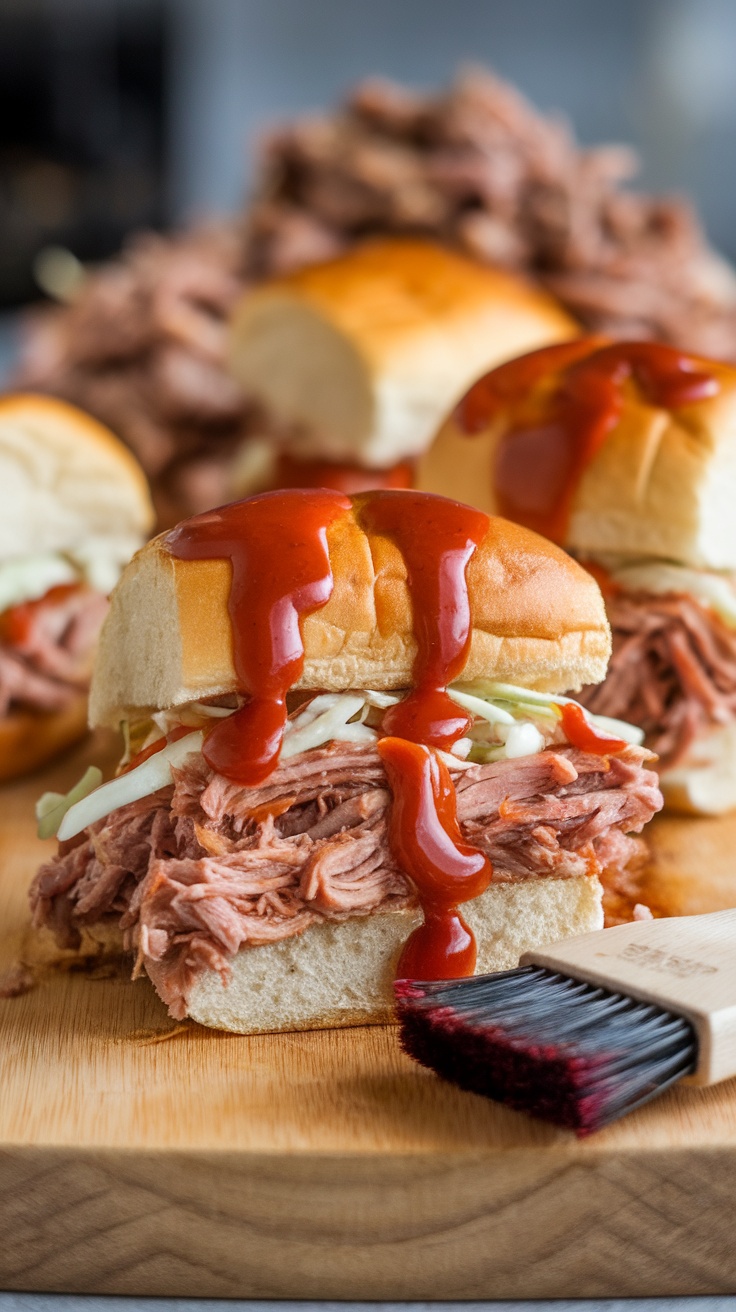 Cheeseburger sliders topped with BBQ sauce on a wooden board