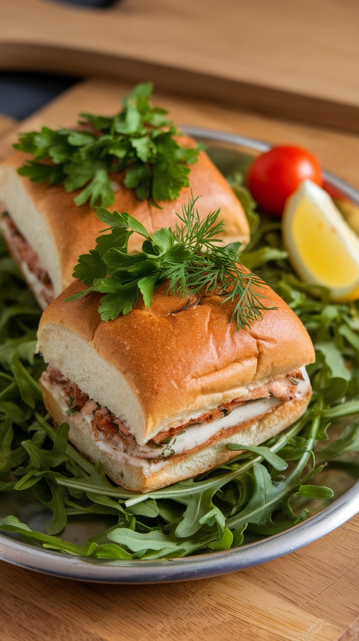 Two sliders garnished with fresh herbs on a bed of arugula.