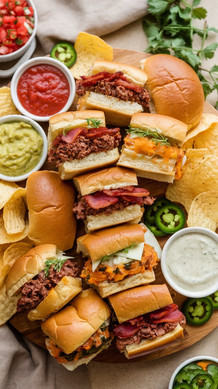 A platter of classic cheeseburger sliders with chips and dips, perfect for game day.