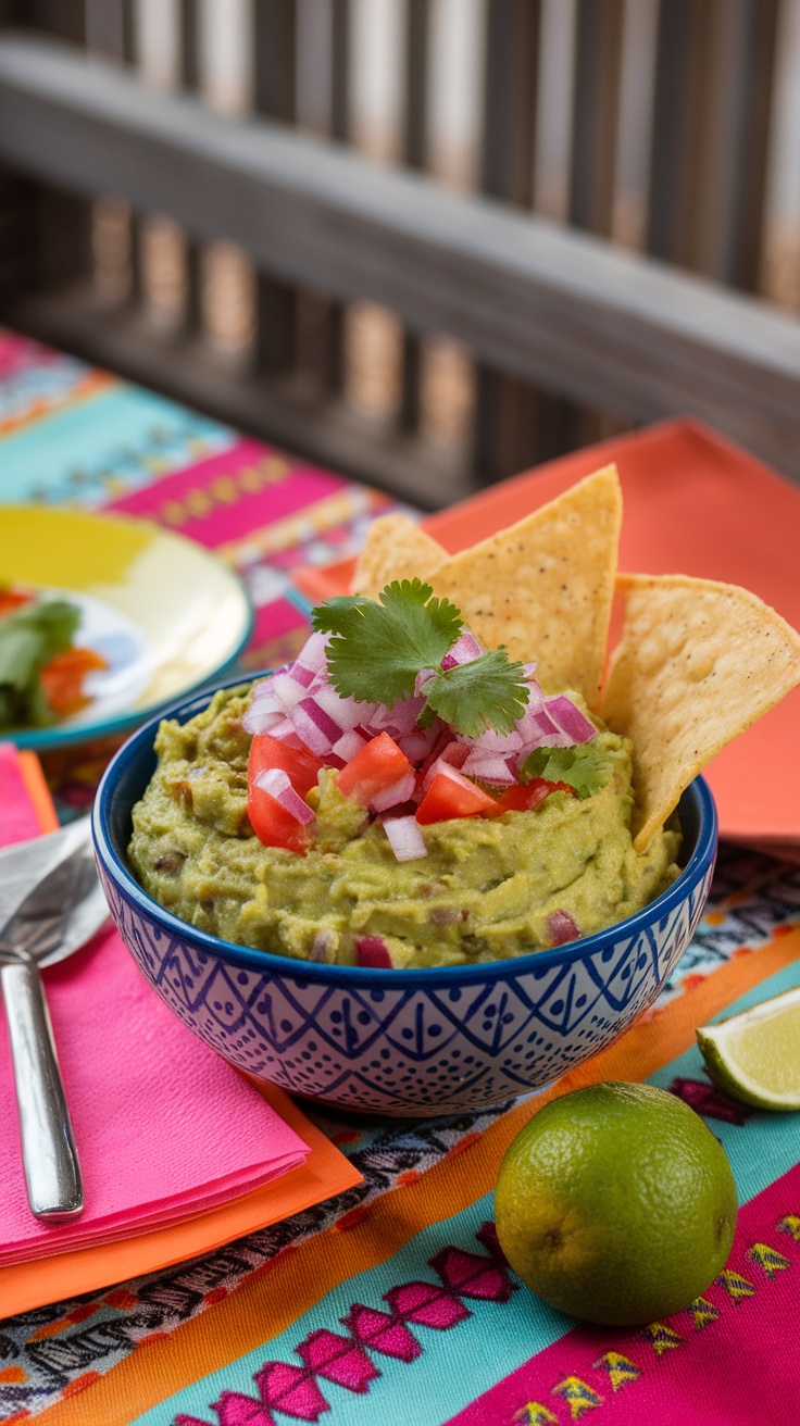 A bowl of homemade guacamole garnished with tomatoes and onions, served with tortilla chips.