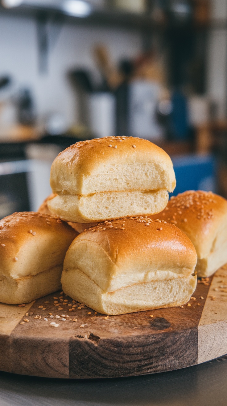 Freshly baked homemade slider buns on a wooden cutting board.