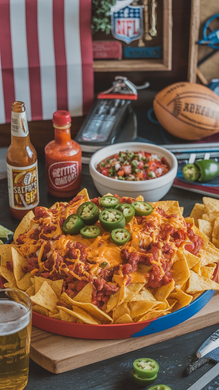 A colorful plate of loaded nachos topped with cheese, jalapeños, and served with homemade salsa.