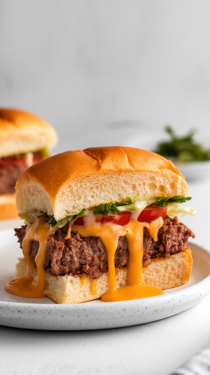 Close-up of a cheeseburger slider with melted cheddar cheese, lettuce, and tomato on a plate.