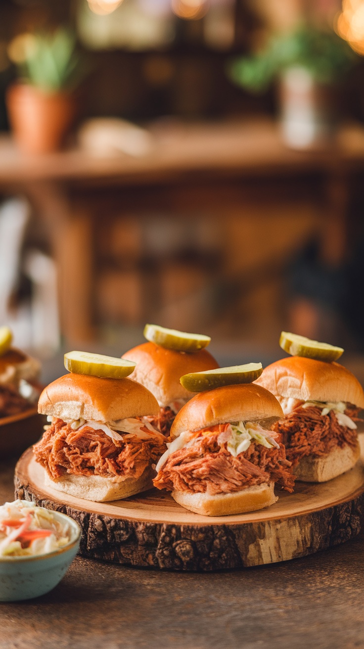 Mini BBQ pulled pork sliders on a wooden platter with pickles and coleslaw