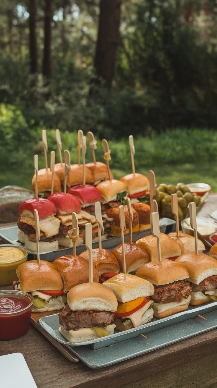 A variety of mini cheeseburger sliders served on skewers, perfect for game day.