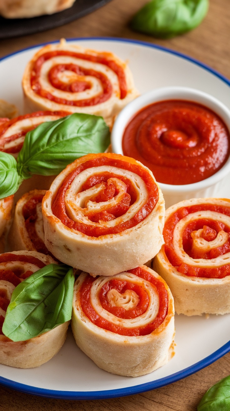 A plate of pepperoni pizza pinwheels with fresh basil and marinara sauce.