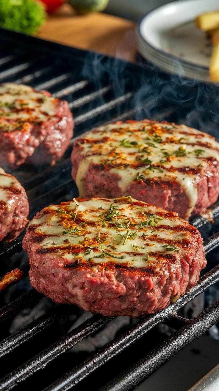 Grilling juicy beef patties with melted cheese and herbs on top.