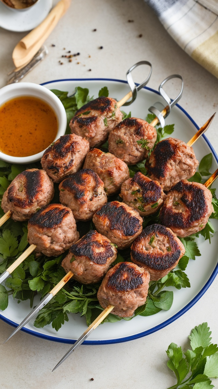 Plate of savory meatball skewers garnished with parsley, served with a dipping sauce.