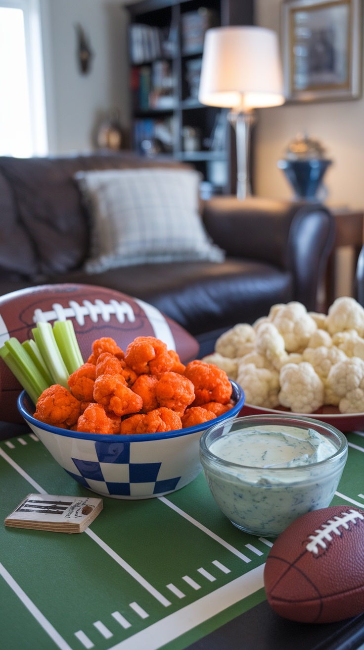 A bowl of spicy buffalo cauliflower bites with celery sticks and dipping sauce, surrounded by footballs.