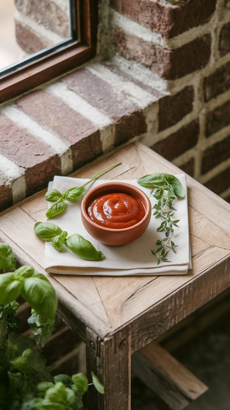 A bowl of spicy homemade ketchup with fresh herbs on a wooden table.