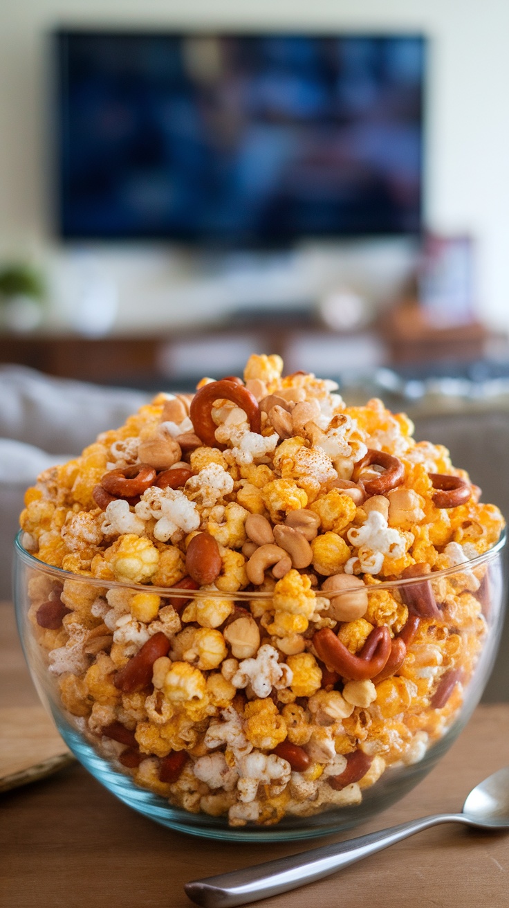 A bowl of sweet and spicy popcorn mix with nuts.