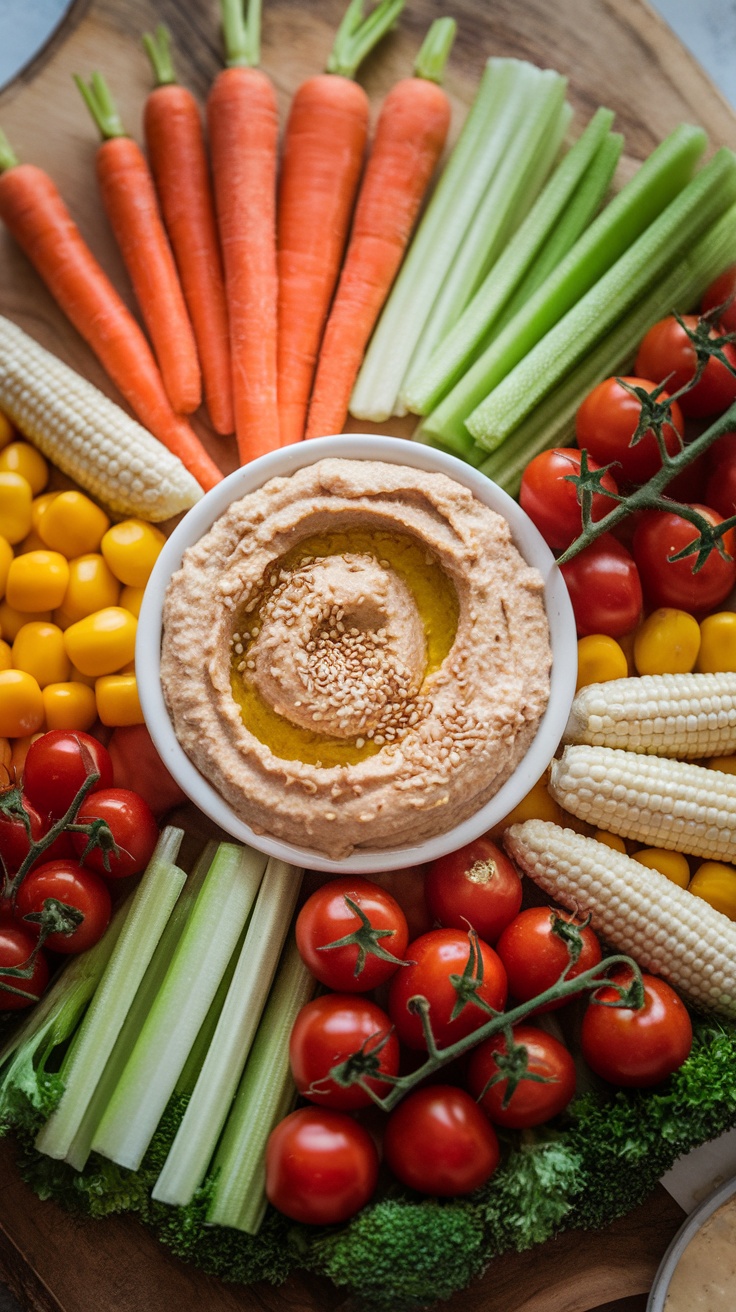 A colorful vegetable platter featuring carrots, celery, cherry tomatoes, and hummus.