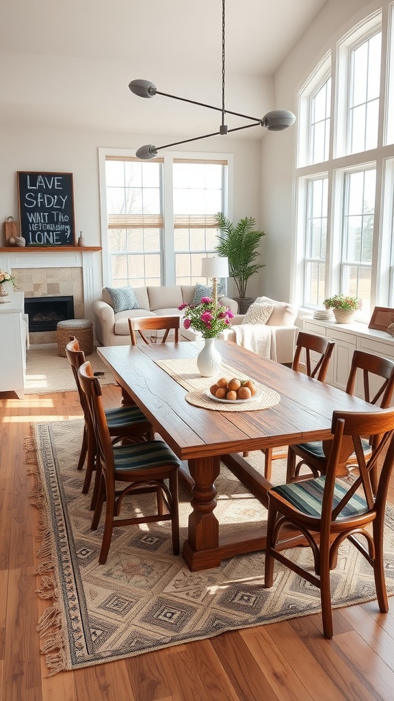 A large wooden dining table with chairs in a modern farmhouse living room, featuring natural light and decorative elements.