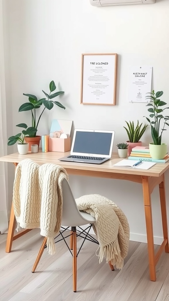 Cozy desk setup with laptop, plants, and knitted throw