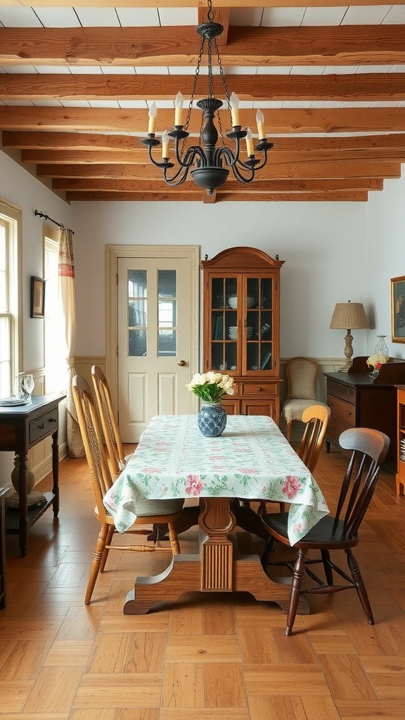 A cozy cottagecore dining room featuring wooden beamed ceilings, a rustic wooden table, and chairs with a floral tablecloth.