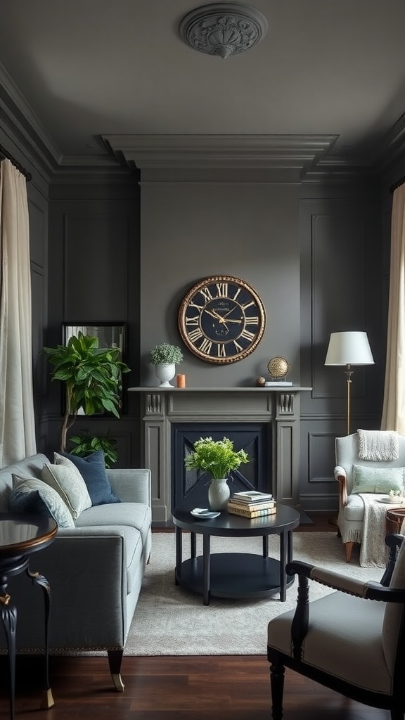 A stylish living room featuring Benjamin Moore Edgecomb Gray paint, showcasing elegant furniture and decor.