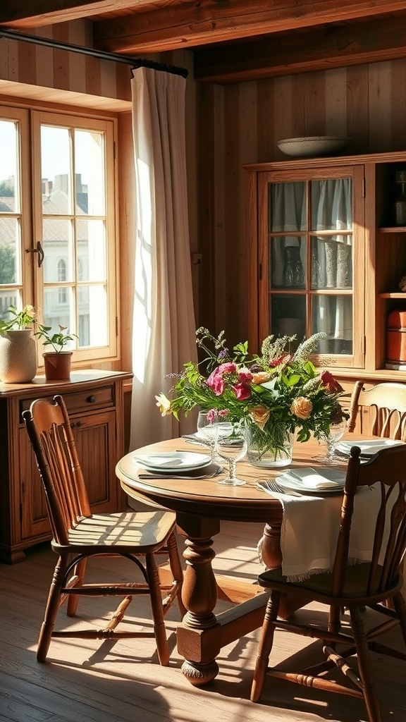 Charming French country dining room with wooden furniture and a floral centerpiece.