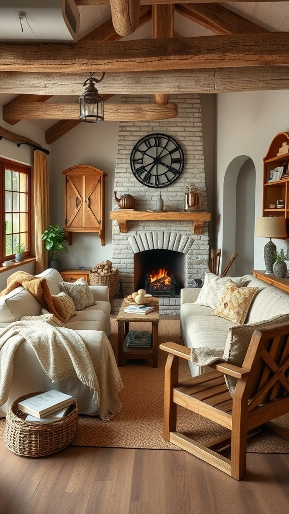 A rustic farmhouse living room with soft sofas, a fireplace, and wooden beams.