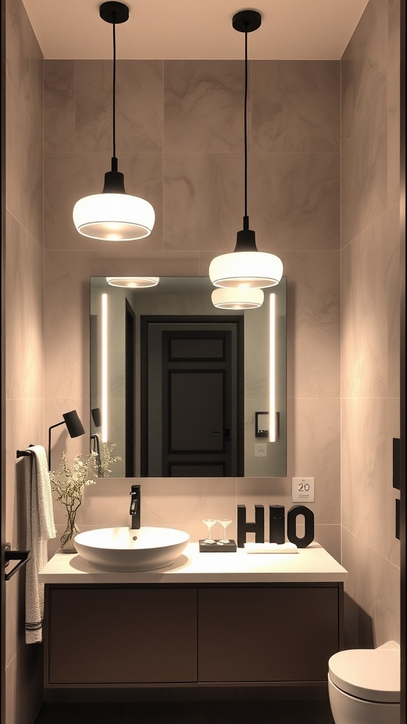 Modern bathroom with three contemporary pendant lights over a vanity